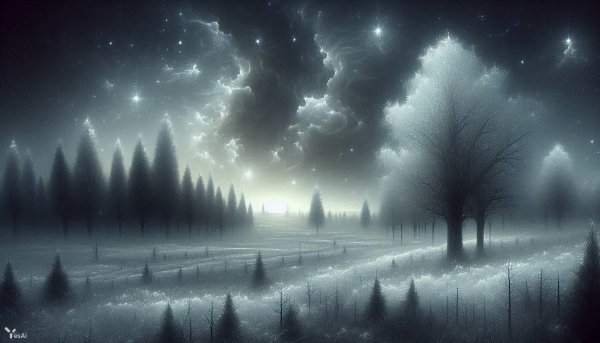 Серебристая метель: зимняя ночь и звездная дымка над заснеженной поляной. Картинка из нейросети Dalle