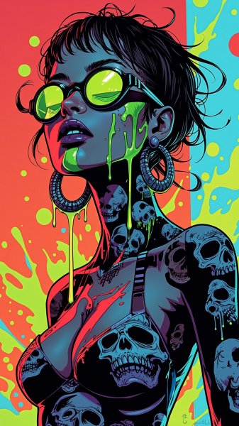 Неоновый образ: зеленый макияж и дерзкий стиль с черепом. Картинка из нейронной сети Flux Ai