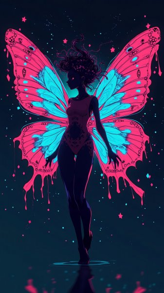 Неоновые крылья бабочек в темной атмосфере фантастического мира. Изображение из нейросети Flux.1