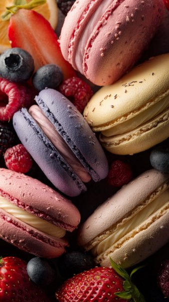 Яркие макаруны с сочными ягодами и фруктами — летнее наслаждение. Картинка из нейронной сети Midjourney