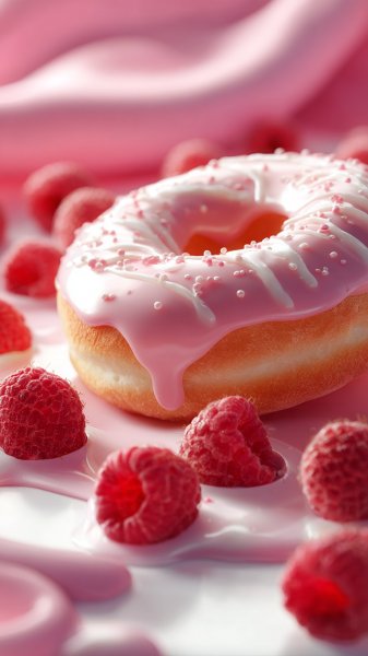 Розовый пончик с белой глазурью и клубничный фон в формате HDR. Нейронная сеть Midjourney