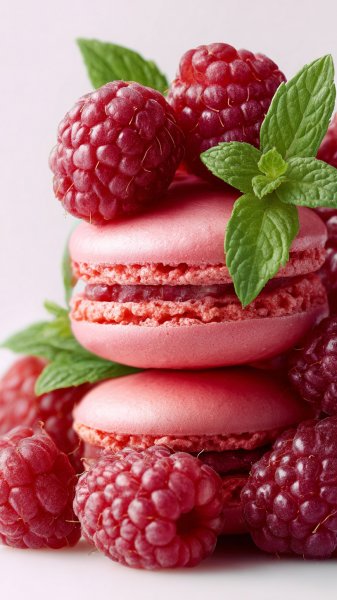 Нежные макароны и сочные малины: розовый десерт в деталях. Изображение из нейросети Midjourney
