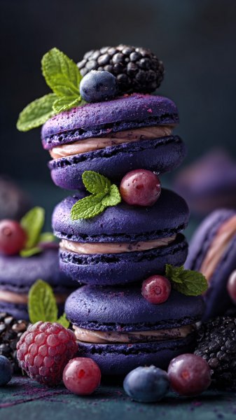 Фиолетовые макаруны с мятой и ягодами: изысканный десерт в деталях. Изображение из нейросети Midjourney