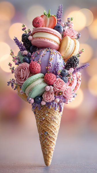 Яркое наслаждение: мороженое с макарунами и ягодами в красках лета. Изображение из нейронной сети Midjourney