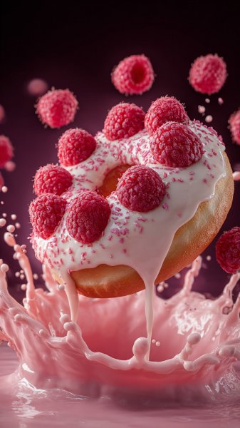 Розовый пончик в молоке с малиной: яркий фотореалистичный кадр. Генерация из нейронной сети Midjourney