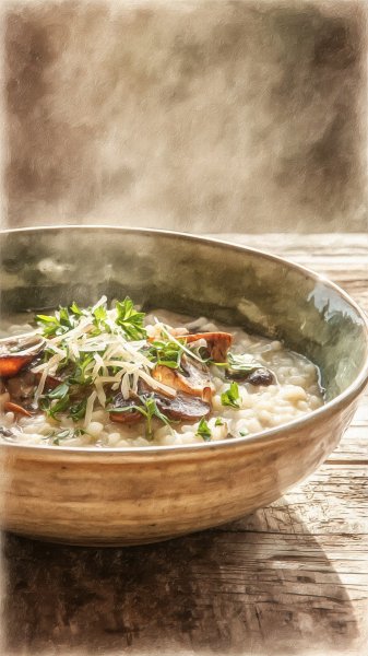 Изысканный рисотто с грибами и пармезаном в акварельной иллюстрации. Нейросеть Midjourney