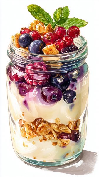 Яркий десерт: акварельный натюрморт с фруктами и йогуртом. Генерация из нейросети Midjourney