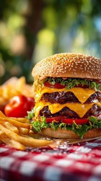 Сочный бургер и хрустящий картофель на клетчатой скатерти. Картинка из нейронной сети Midjourney