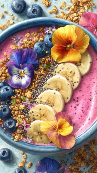 Яркий смузи-боул с фруктами и цветами. Нейросеть Midjourney