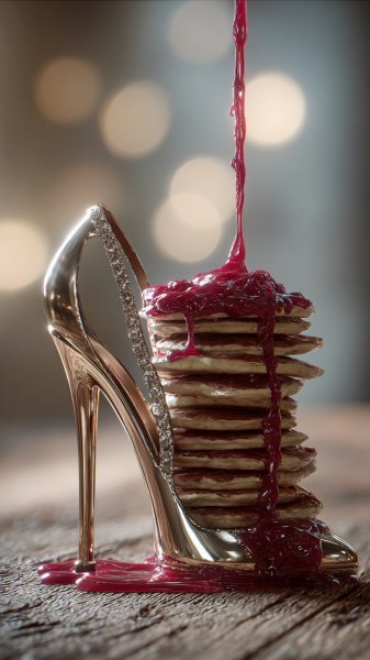 Высокие каблуки и аппетитные панкейки с малиновым соусом: необычный завтрак для вдохновения. Нейронная сеть Midjourney