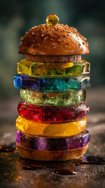 Яркий бургер: взрыв цвета и вкуса в современном стиле. Картинка из нейронной сети Миджорни