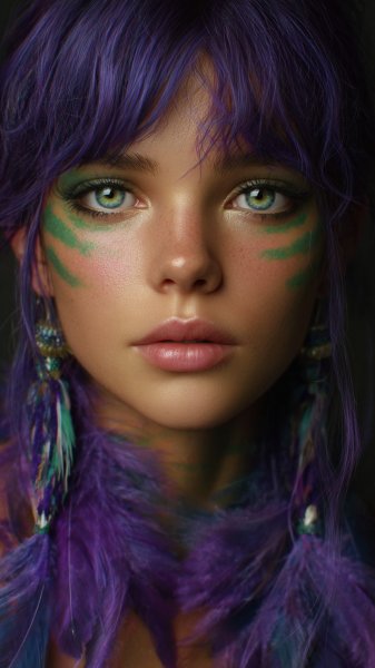 Портрет девушки с фиолетовыми волосами и нежным пастельным фоном. Генерация из нейросети Midjourney