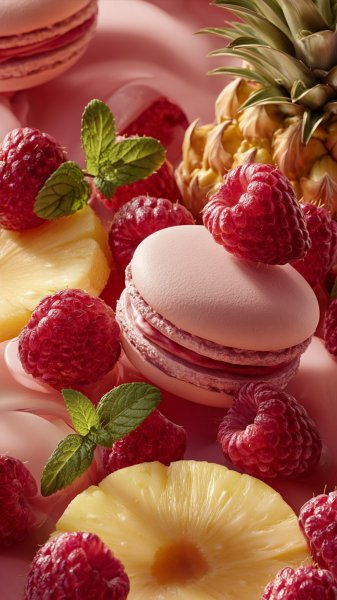 Летнее наслаждение: макаруны, ягоды и фрукты в эстетике кадра. Изображение из нейросети Миджорни