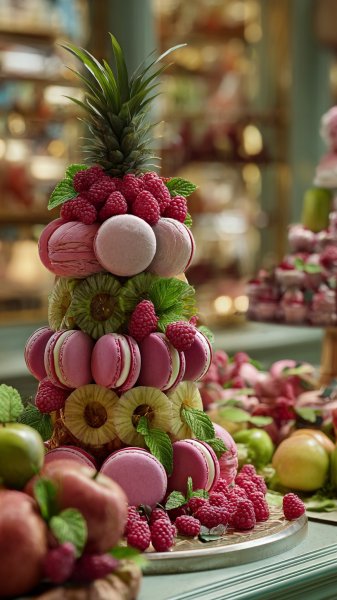 Нежные макароны с малиной и ананасом в мягком фокусе. Картинка из нейронной сети Midjourney