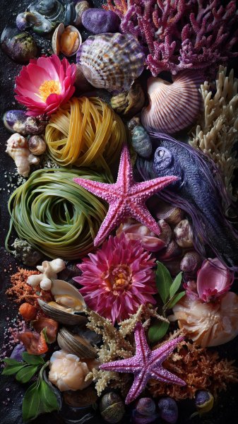 Функхоза среди морских сокровищ: яркий визуальный шедевр с морепродуктами. Картинка из нейронной сети Midjourney