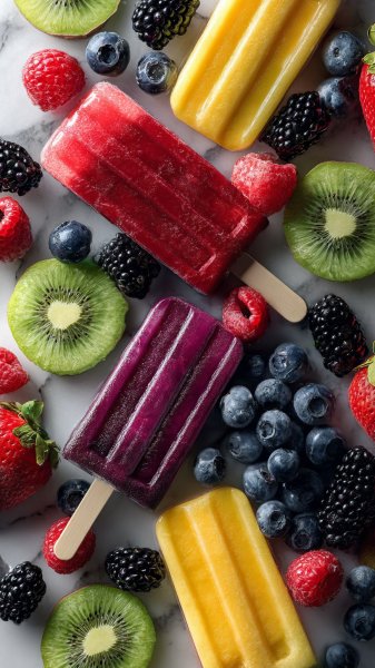 Летнее наслаждение: фрукты и ягоды сверху. Картинка из нейронной сети Midjourney