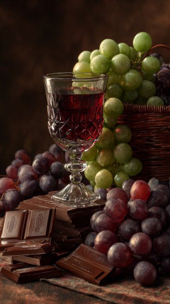 Шоколадное наслаждение с виноградом и бокалом вина. Нейросеть Миджорни