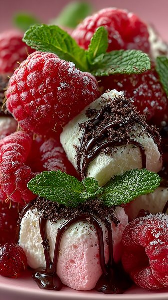 Ягодный десерт с зефиром и шоколадом в мультяшном стиле. Генерация из нейронной сети Midjourney