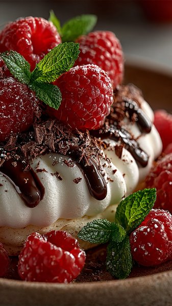 Сладкий салат из зефира, шоколада и малины с мятой. Нейронная сеть Midjourney