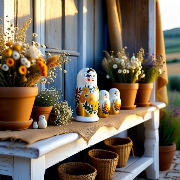 Прованская эстетика: уютный вечер в объятиях природы и волшебной куклы. Картинка из нейронной сети Stable Diffusion