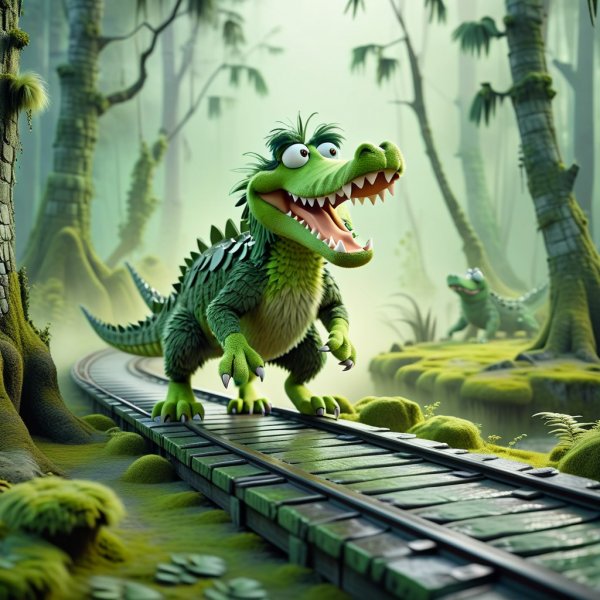 Бегущий крокодил: сюрреалистичный мультфильм в стиле абстракции. Генерация из нейросети Stable Diffusion