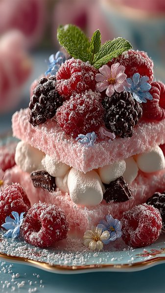 Нежное облако зефира с шоколадом и малиной в ярком оформлении. Изображение из нейросети Миджорни