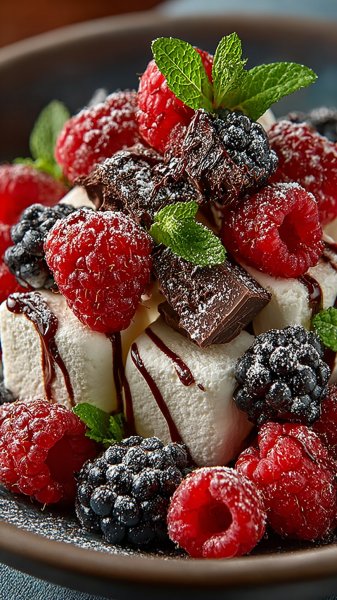 Яркий десертный салат с шоколадом и малиной. Картинка из нейронной сети Миджорни