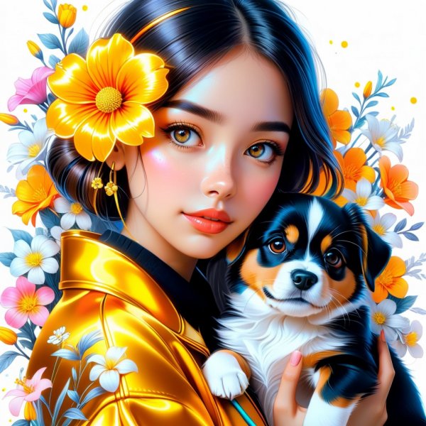 Девушка с собакой среди цветов в стиле аниме. Генерация из нейросети Stable Diffusion