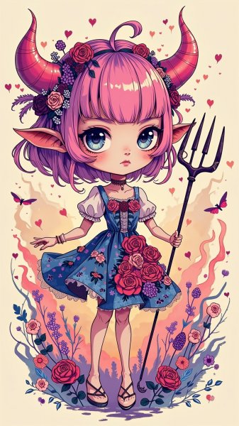 Милая демоница с розово-фиолетовыми волосами и розами. Нейронная сеть Flux 1