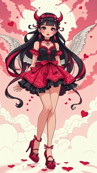 Готическая купидон: романтика среди розовых облаков и нежных теней. Нейросеть Flux.1