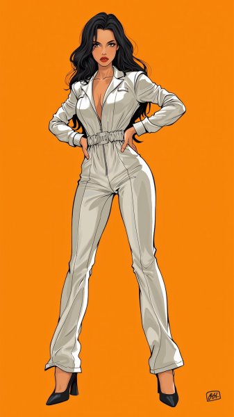 Силуэт в серебре: дерзкий образ модной модели на оранжевом фоне. Изображение из нейросети Flux 1