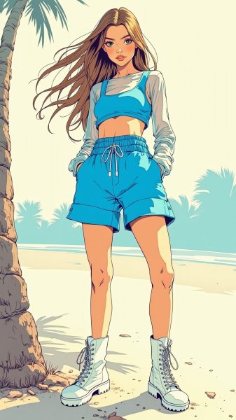 Яркий образ в неоновых тонах и боевых ботинках. Картинка из нейросети Flux