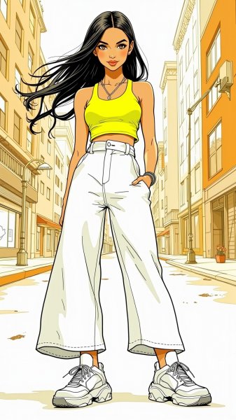 Уличный стиль: уверенность и яркие краски городской моды. Картинка из нейросети Flux Ai