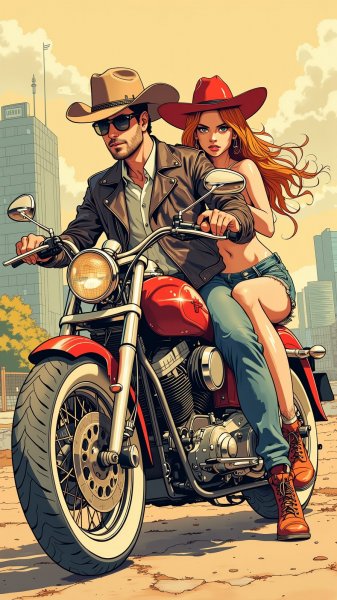 Дерзкая пара на мотоцикле в стиле вестерн: городские джунгли под акварелью. Картинка из нейронной сети Flux