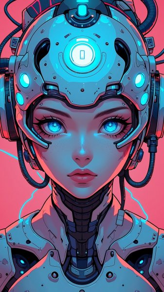 Кибернетическая женщина в стиле научной фантастики восьмидесятых. Картинка из нейросети Flux 1