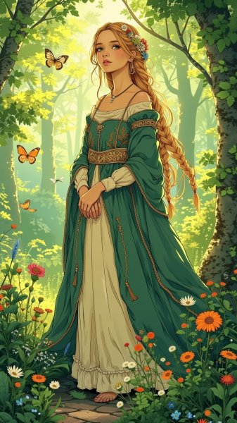 Лесная дева в изящном платье: фотореалистичный портрет эпохи Средневековья. Изображение из нейронной сети Flux 1