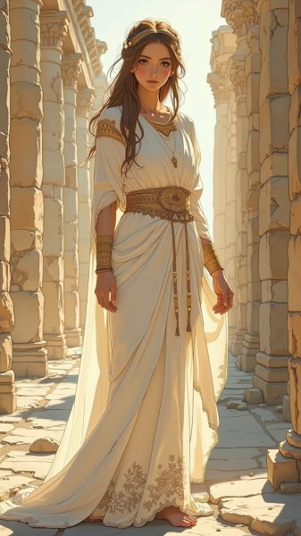 Древнегреческая красавица среди руин: фотореалистичный портрет в белых робах. Изображение из нейронной сети Flux 1