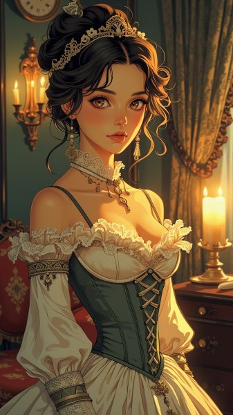 Викторианская красавица в лучах мягкого света и утонченной роскоши. Изображение из нейросети Flux.1