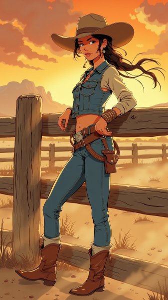 Дикая ковбойка на закате: воплощение силы и приключений американского Запада. Картинка из нейронной сети Flux.1