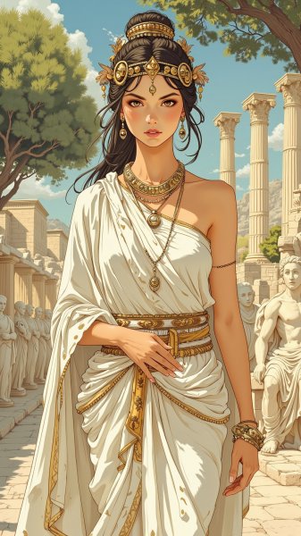 Древнегреческая красавица в традиционных одеждах и украшениях. Картинка из нейросети Flux 1