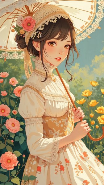 Викторианская девушка в саду: элегантность и утонченность эпохи. Изображение из нейросети Flux 1