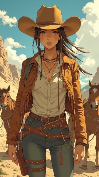 Дикая западня: ковбойка в кожаной куртке и взгляде покорительницы прерий. Изображение из нейросети Flux 1