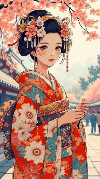 Изысканный портрет гейши в цветущем японском саду: нежность и совершенство. Нейронная сеть Flux Ai