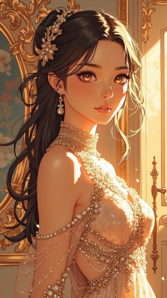 Роскошный образ: вечернее платье и яркие аксессуары в фотосессии. Картинка из нейросети Flux.1