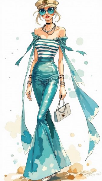 Модный скетч: сочетание Gaultier и Chanel в морской стилистике. Картинка из нейросети Flux.1