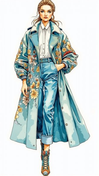 Баланс моды: объёмные формы и изысканная вышивка в акварельной иллюстрации. Генерация из нейронной сети Flux