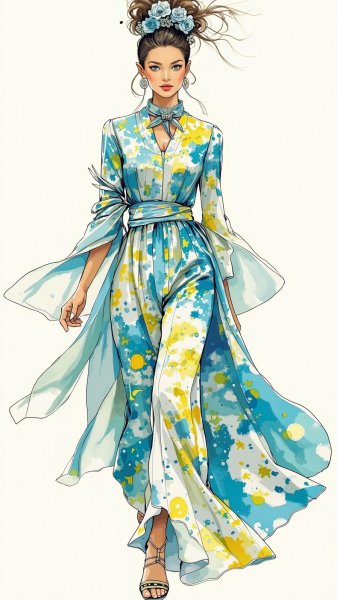 Модный образ: сочетание Mary Katrantzou и Calvin Klei. Картинка из нейронной сети Flux Ai