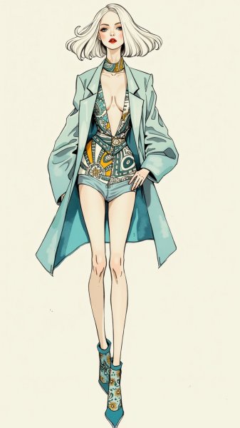 Водная мода: сочетание Вивьен Вествуд и Джил Сандер в акварельной иллюстрации. Нейросеть Flux.1