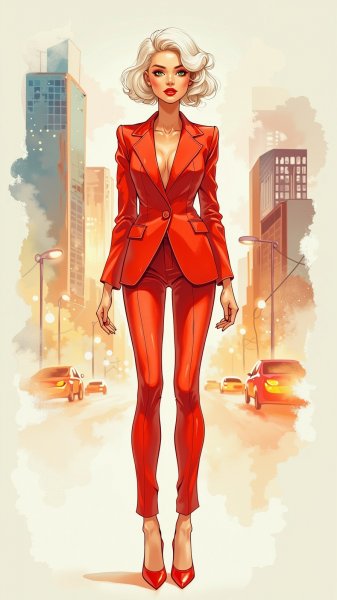 Яркая блондинка в красном: стильный образ и городская атмосфера. Изображение из нейронной сети Flux.1