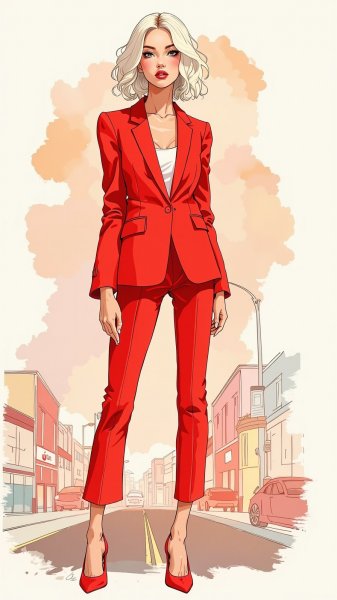 Элегантность и уверенность: стильная фотосессия платиновой блондинки в красном костюме. Нейросеть Flux